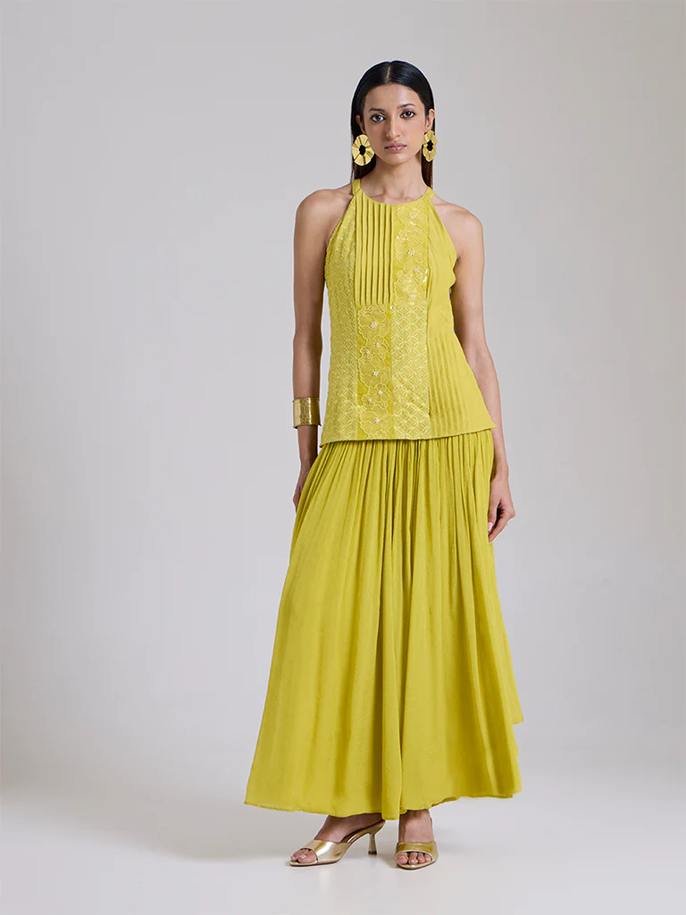 Floral Embroidered Maxi Dress - Lime