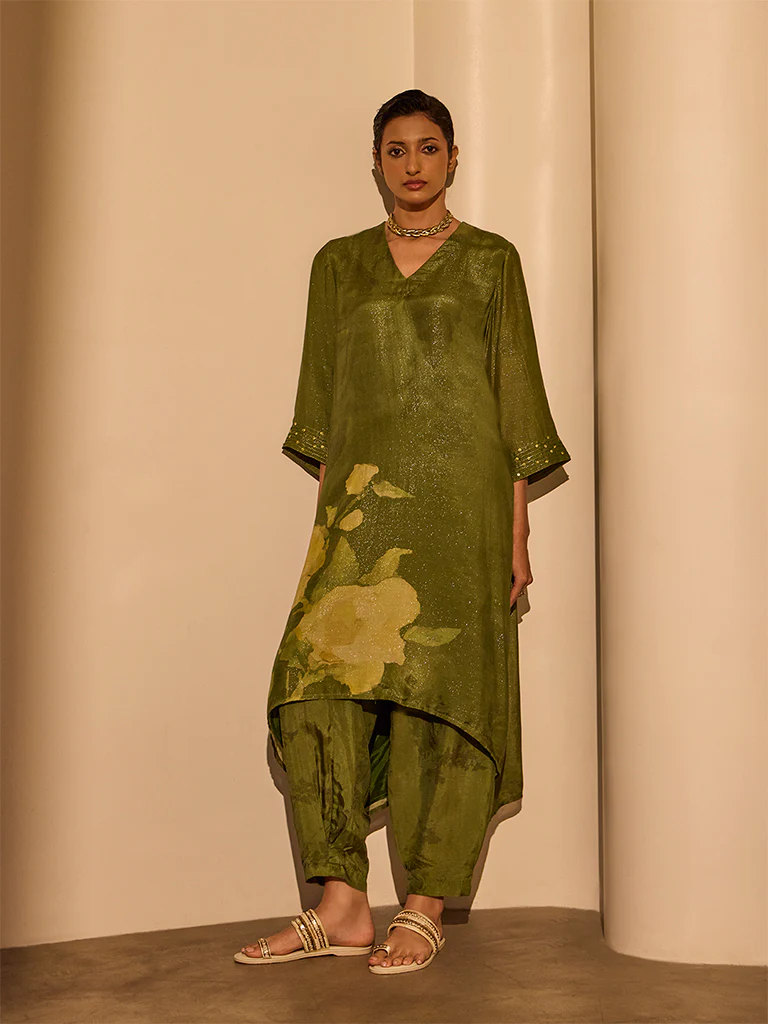Floral Printed Kurta - Olive - Image 2