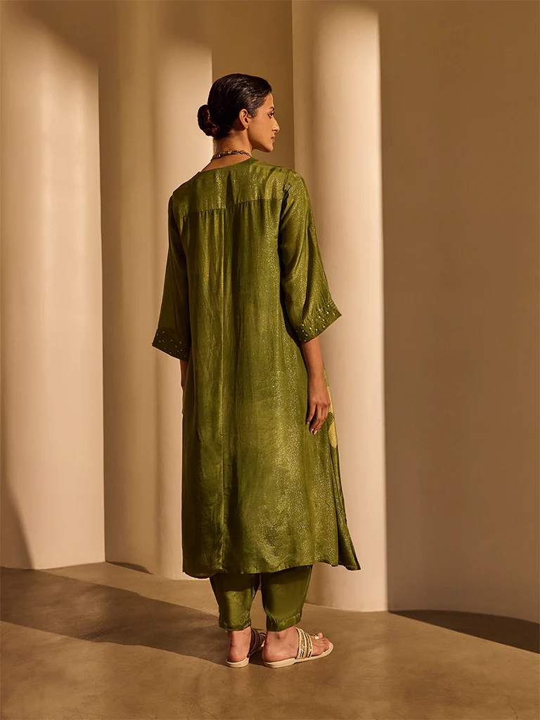 Floral Printed Kurta - Olive - Image 5