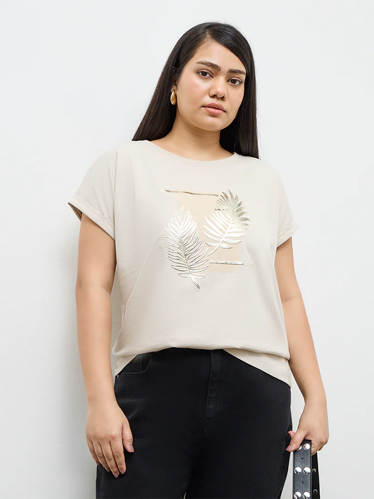 Gia Beige Botanical Printed Cotton T-Shirt