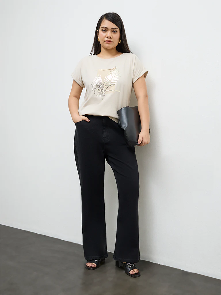 Gia Beige Botanical Printed Cotton T-Shirt - Image 2
