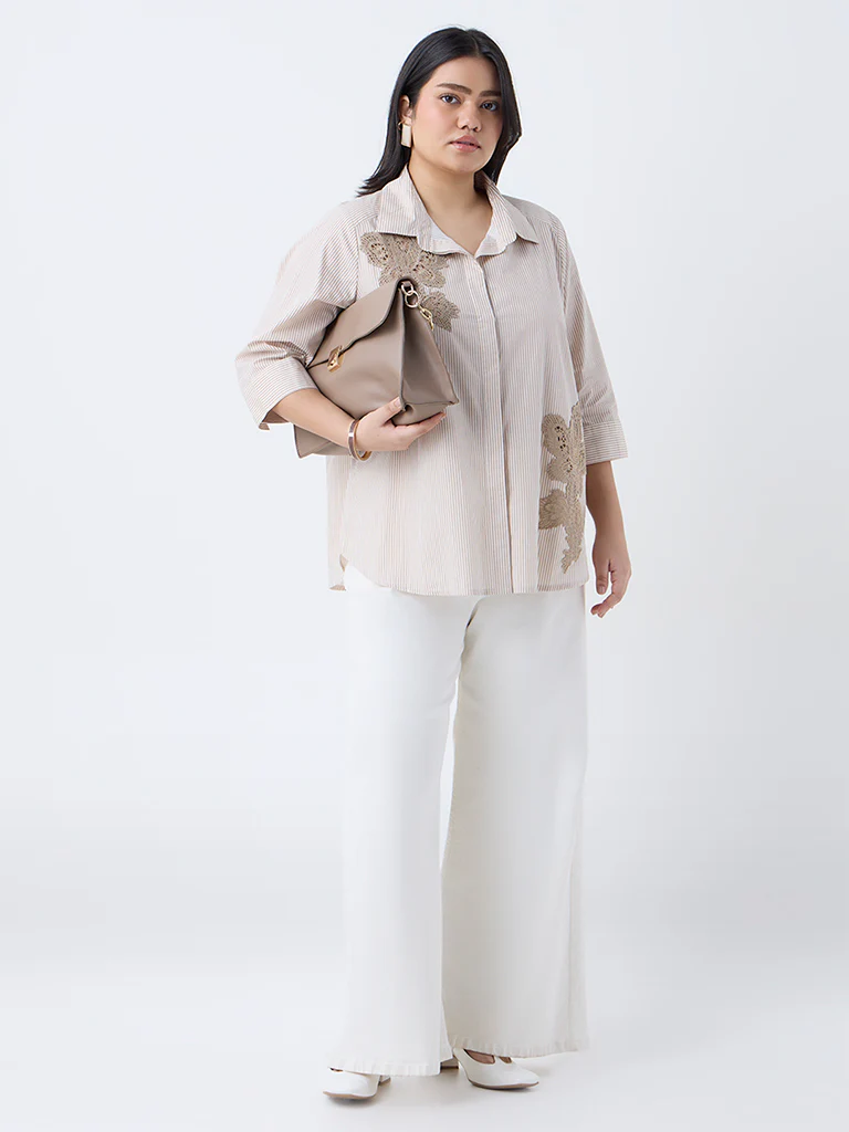 Gia Beige Floral Embroidered Cotton Shirt - Image 2