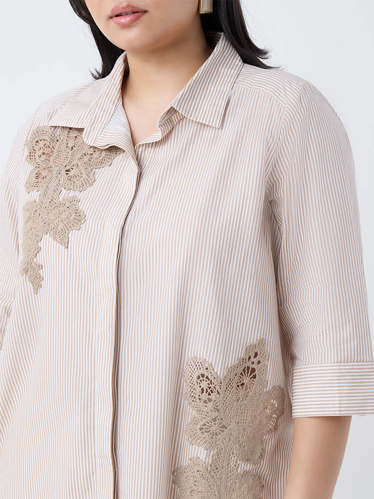 Gia Beige Floral Embroidered Cotton Shirt - Image 3