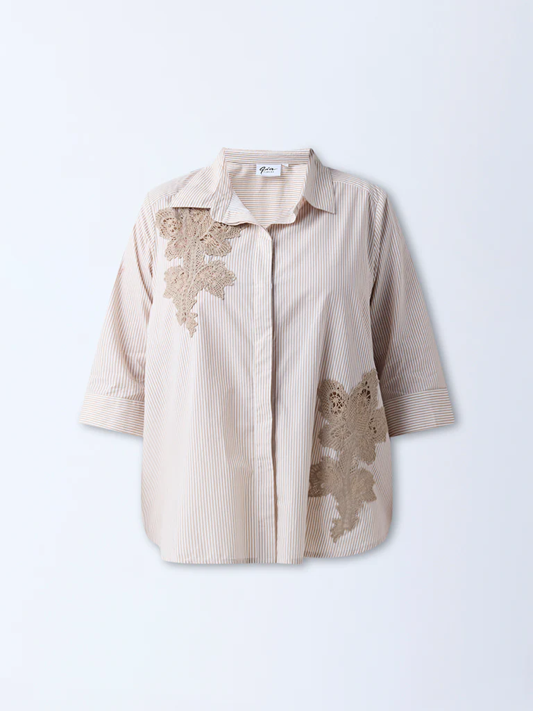 Gia Beige Floral Embroidered Cotton Shirt - Image 5
