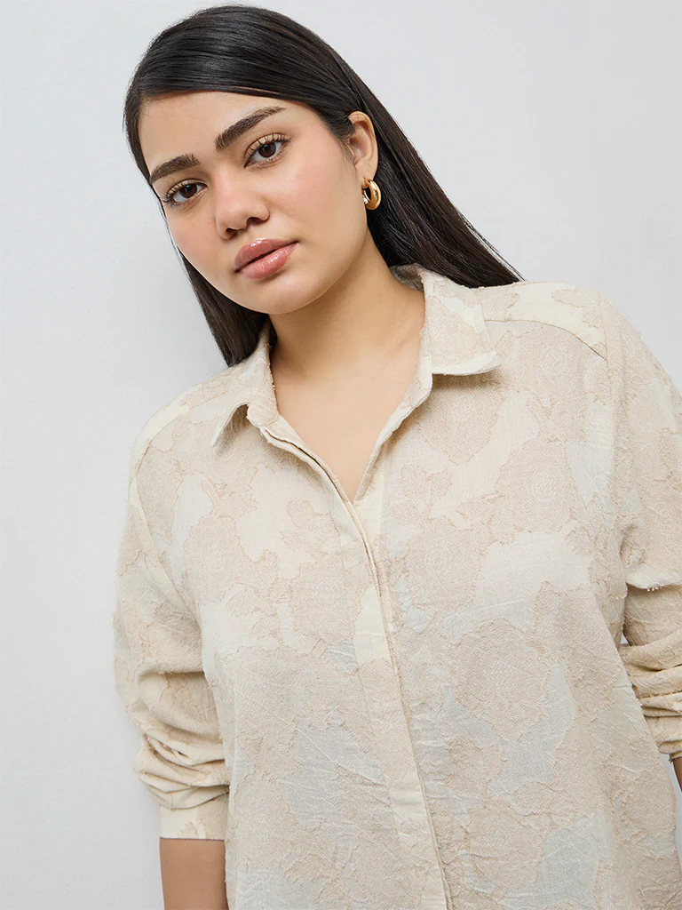 Gia Beige Floral Embroidered Cotton Shirt - Image 3