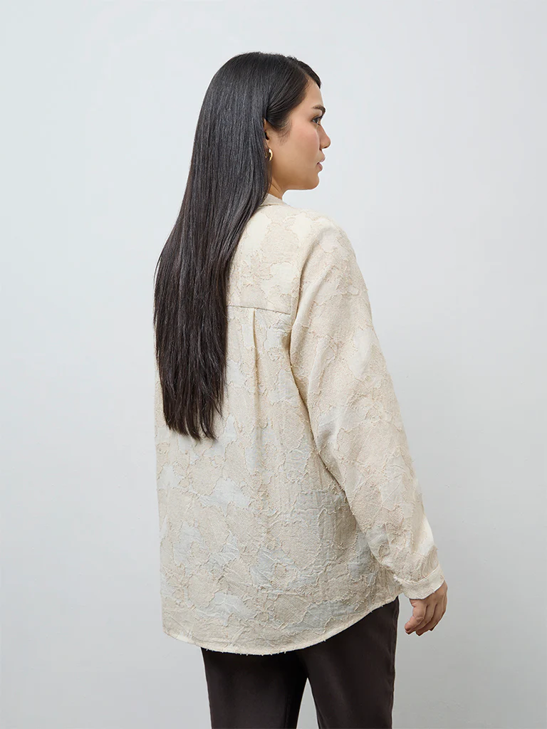 Gia Beige Floral Embroidered Cotton Shirt - Image 4