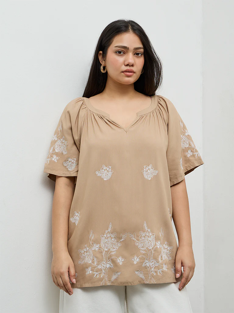 Gia Beige Floral Embroidered Top