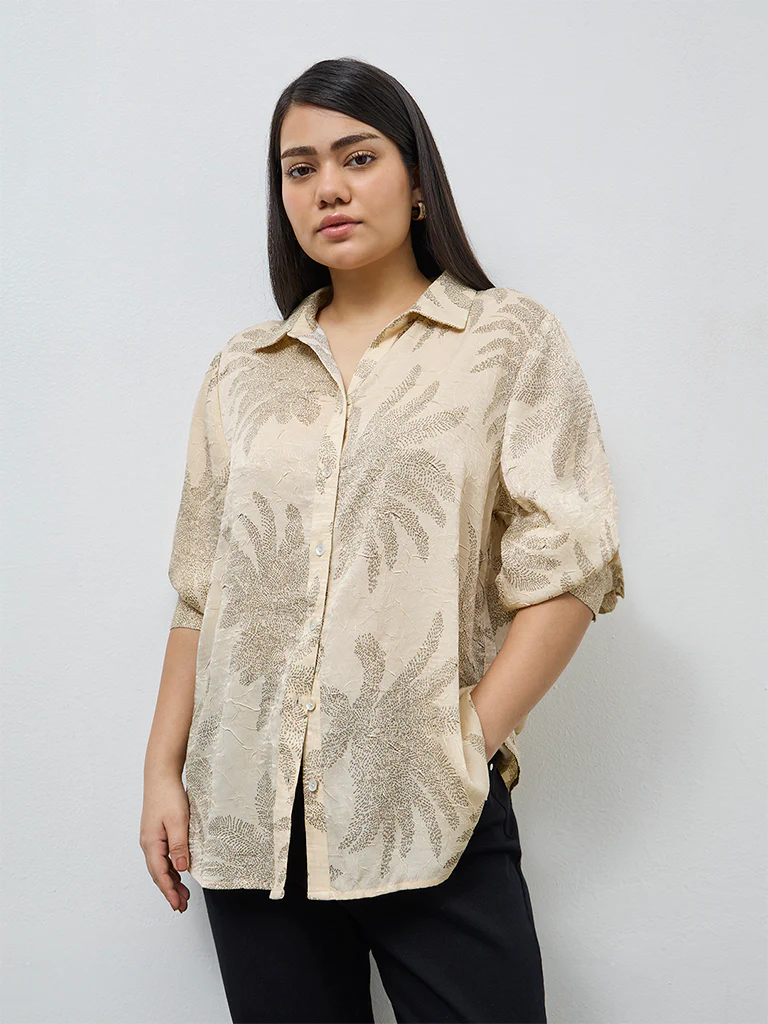 Gia Beige Foliage Printed Shirt