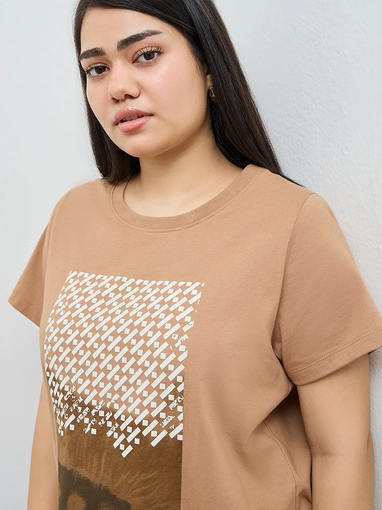 Gia Beige Graphic Printed Cotton T-Shirt - Image 3