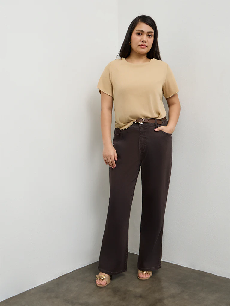 Gia Beige Ribbed-Textured Cotton-Blend T-Shirt - Image 2