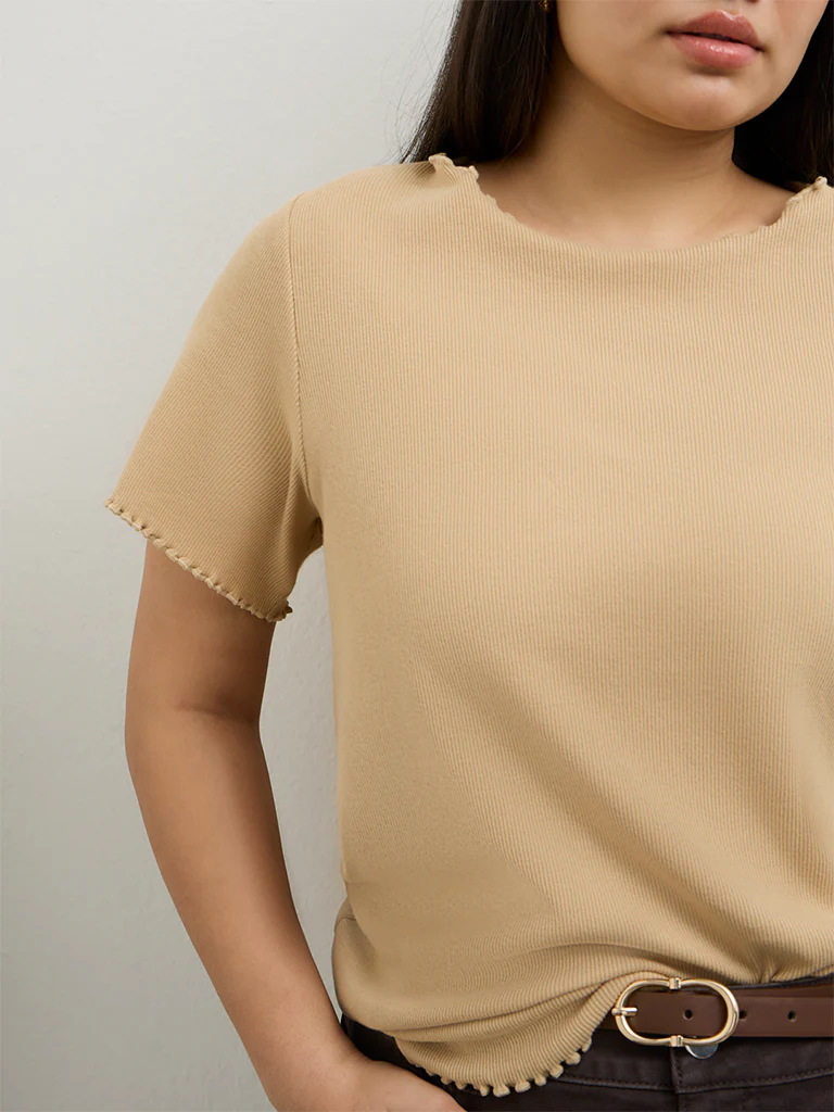 Gia Beige Ribbed-Textured Cotton-Blend T-Shirt - Image 3