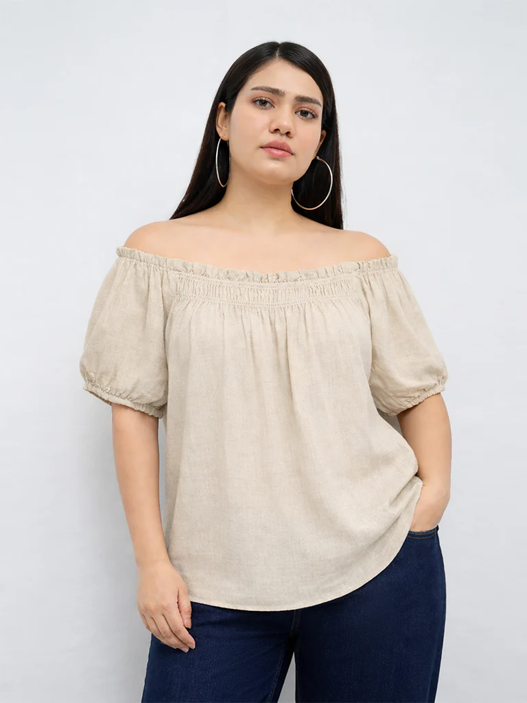 Gia Beige Smock-Detailed Top - Image 2