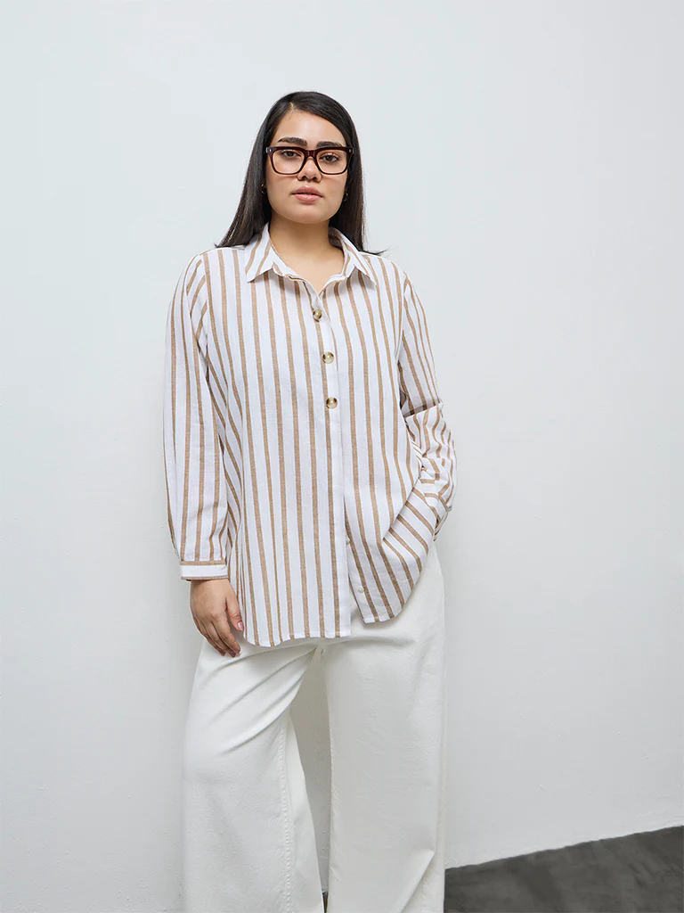 Gia Beige Striped Cotton-Blend Shirt - Image 3