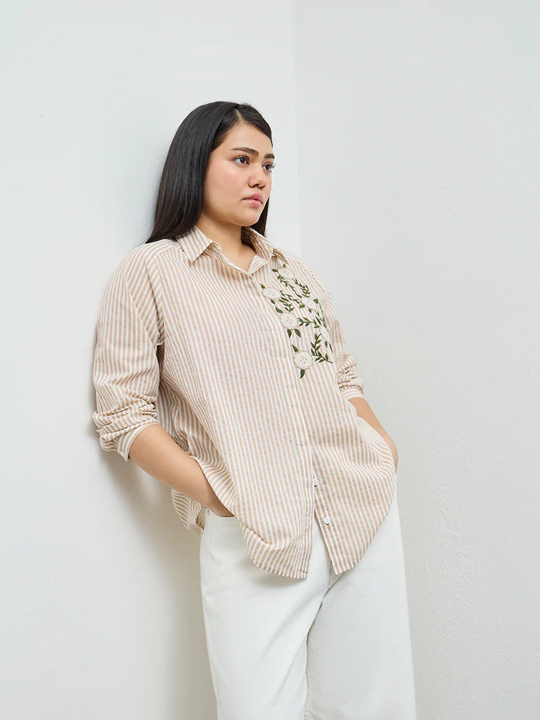 Gia Beige Striped Cotton Shirt