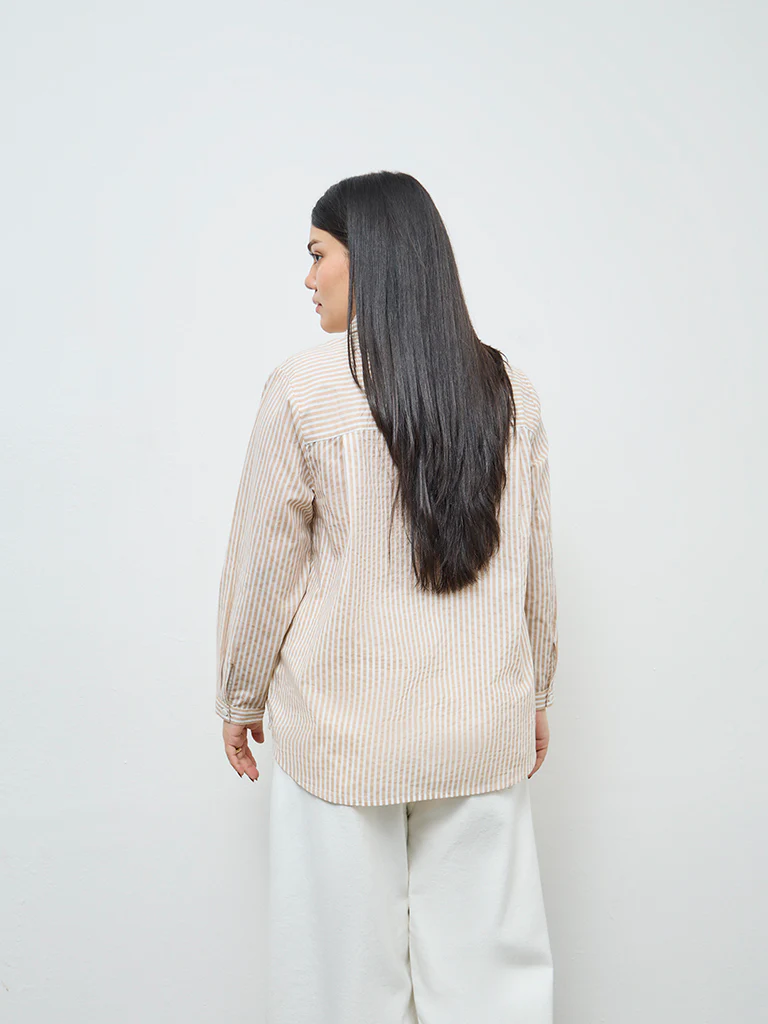Gia Beige Striped Cotton Shirt - Image 4