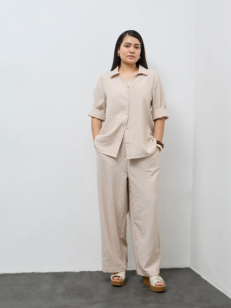 Gia Beige Striped High-Rise Trousers