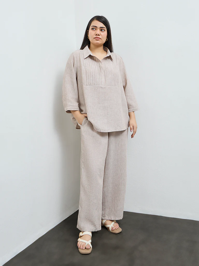 Gia Beige Textured High-Rise Pants