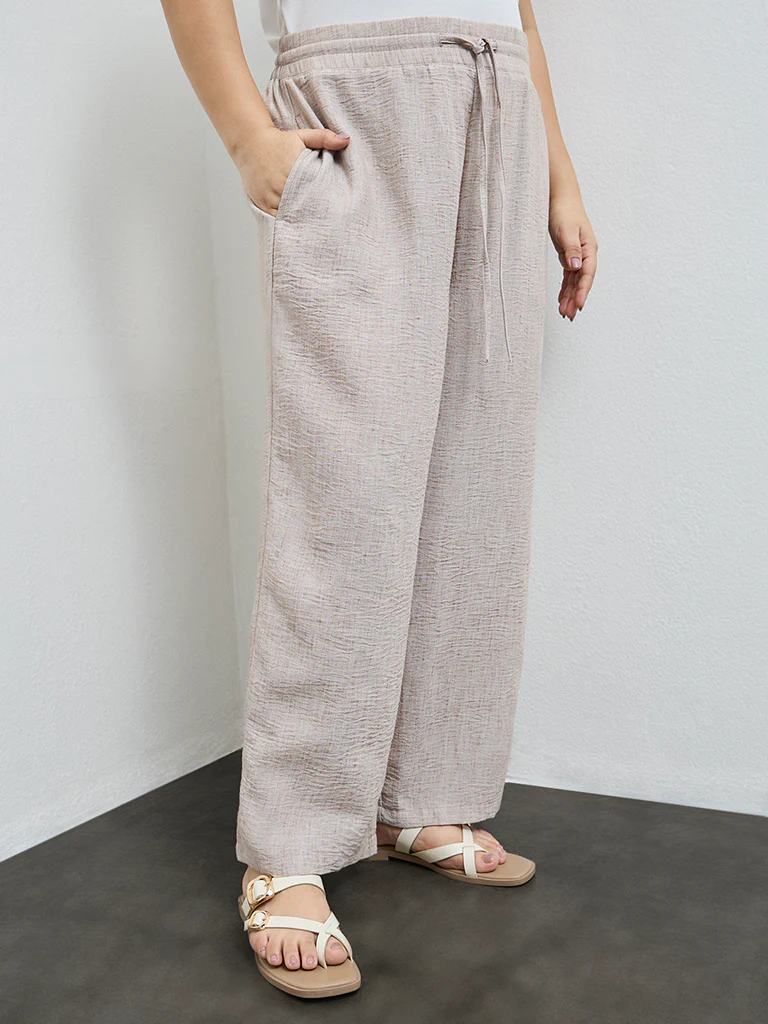 Gia Beige Textured High-Rise Pants - Image 2