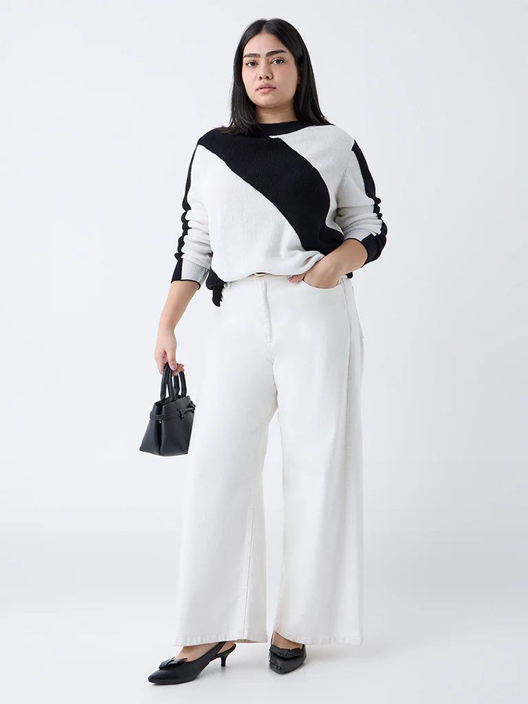 Gia Black Colour-Blocked Knit-Textured Sweater - Image 2