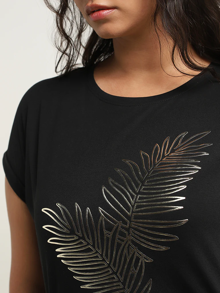 Gia Black Cotton Leaf Design T-Shirt - Image 2