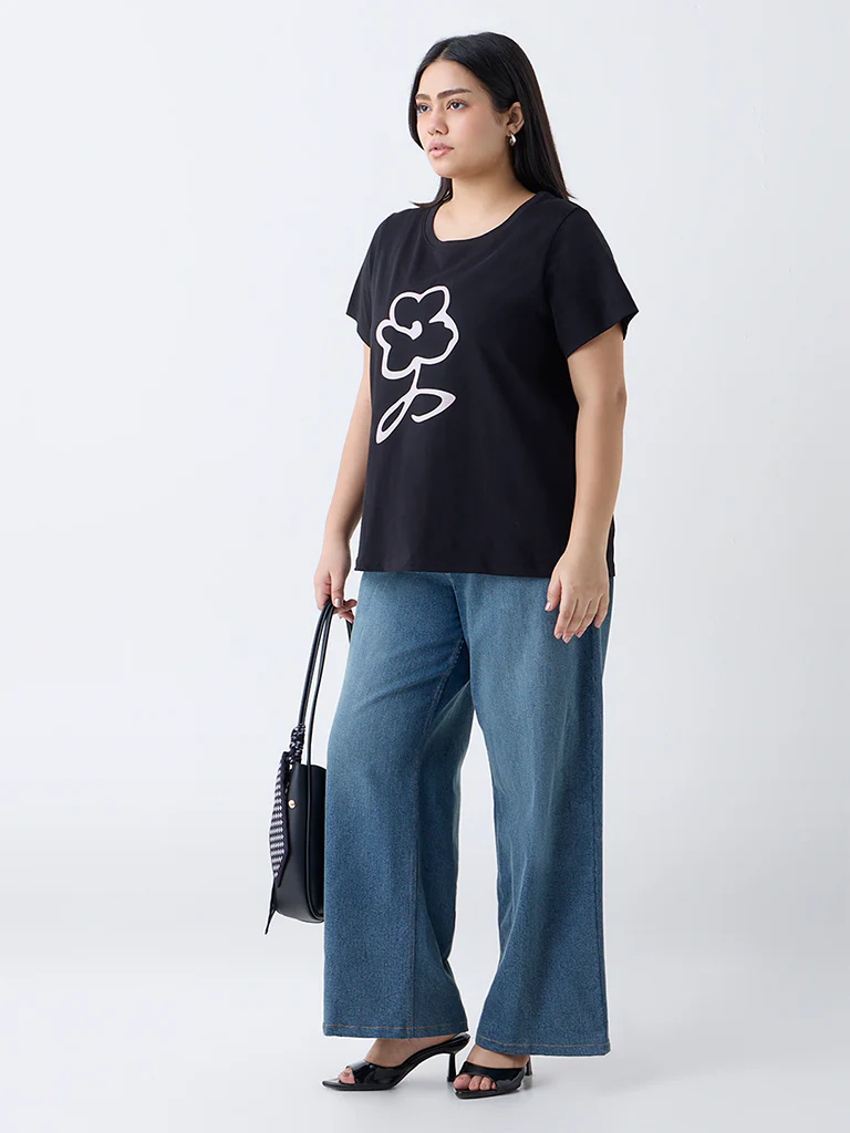 Gia Black Floral Design Cotton T-Shirt - Image 2