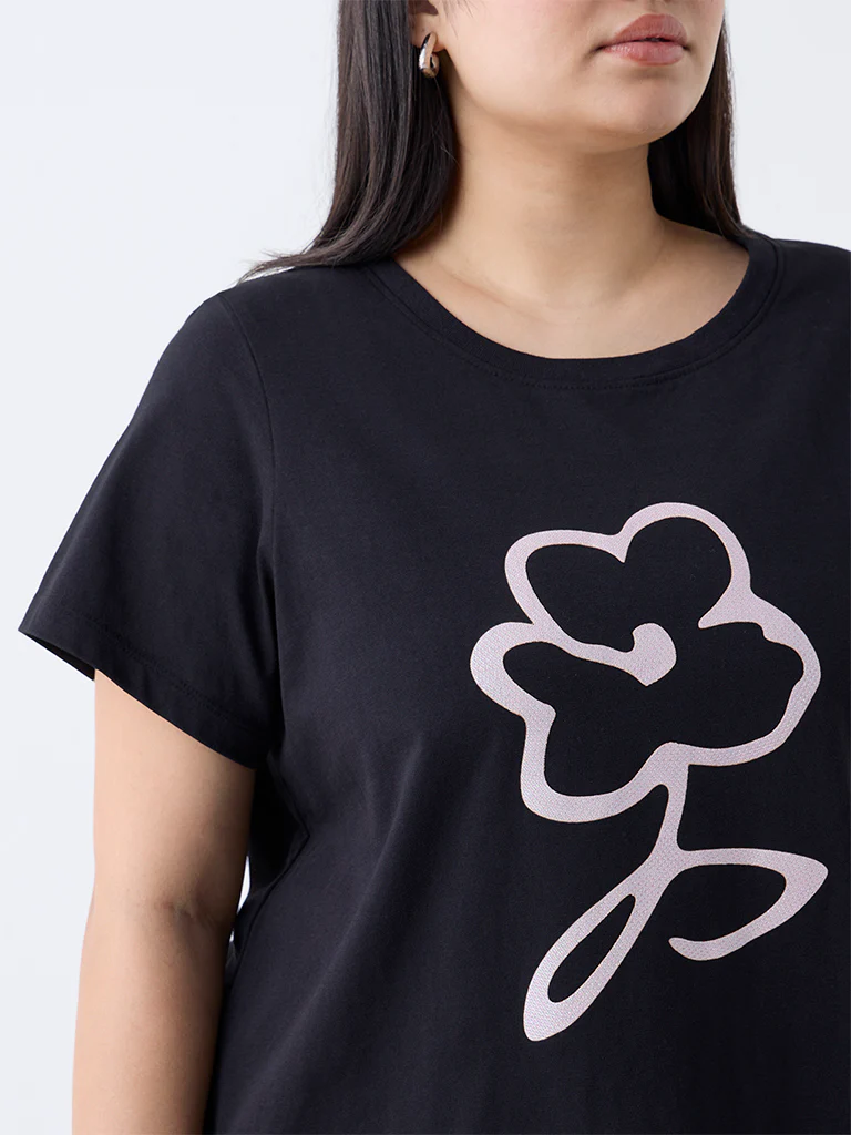 Gia Black Floral Design Cotton T-Shirt - Image 3