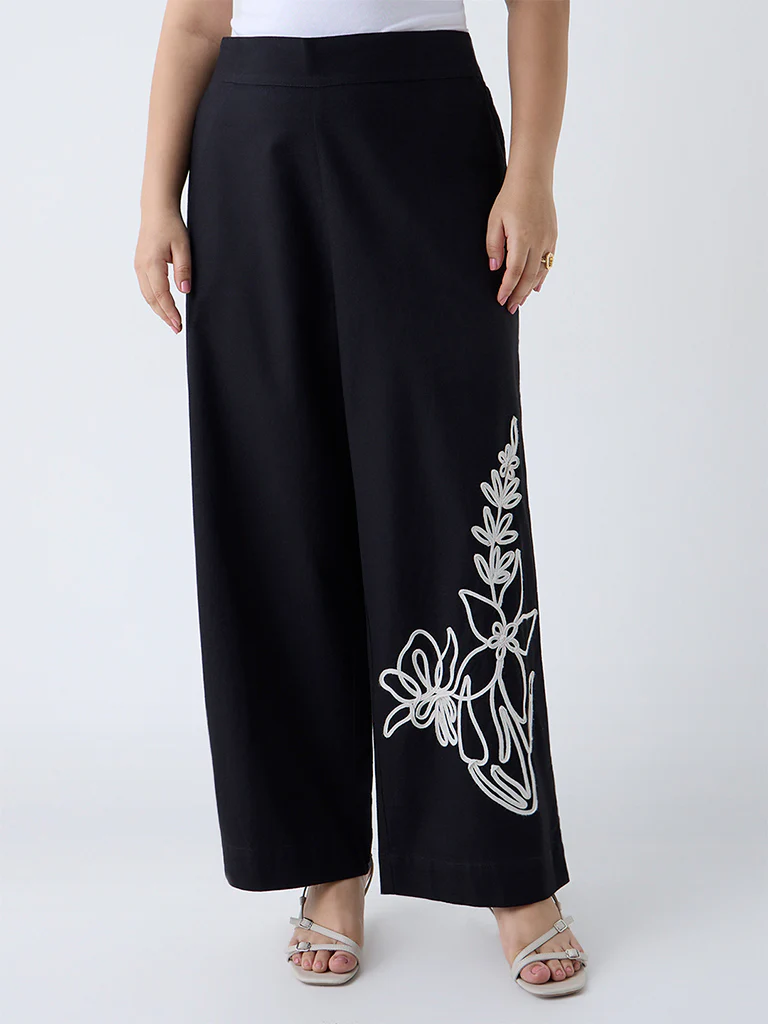 Gia Black Floral Embroidered Cotton-Blend Trousers - Image 2