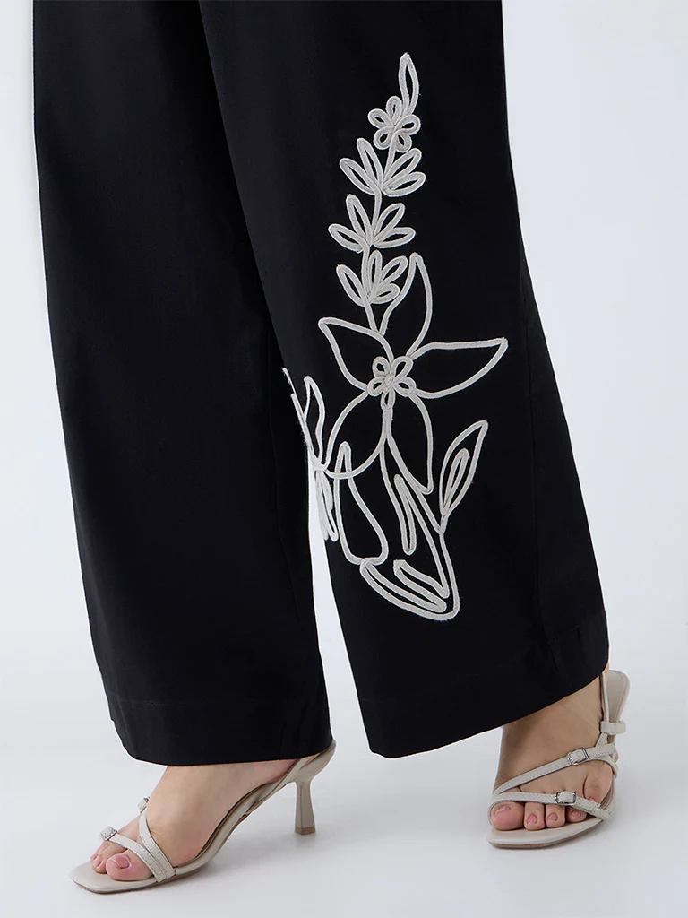 Gia Black Floral Embroidered Cotton-Blend Trousers - Image 3