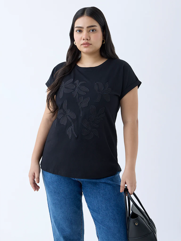 Gia Black Floral Embroidered Cotton T-Shirt - Image 2