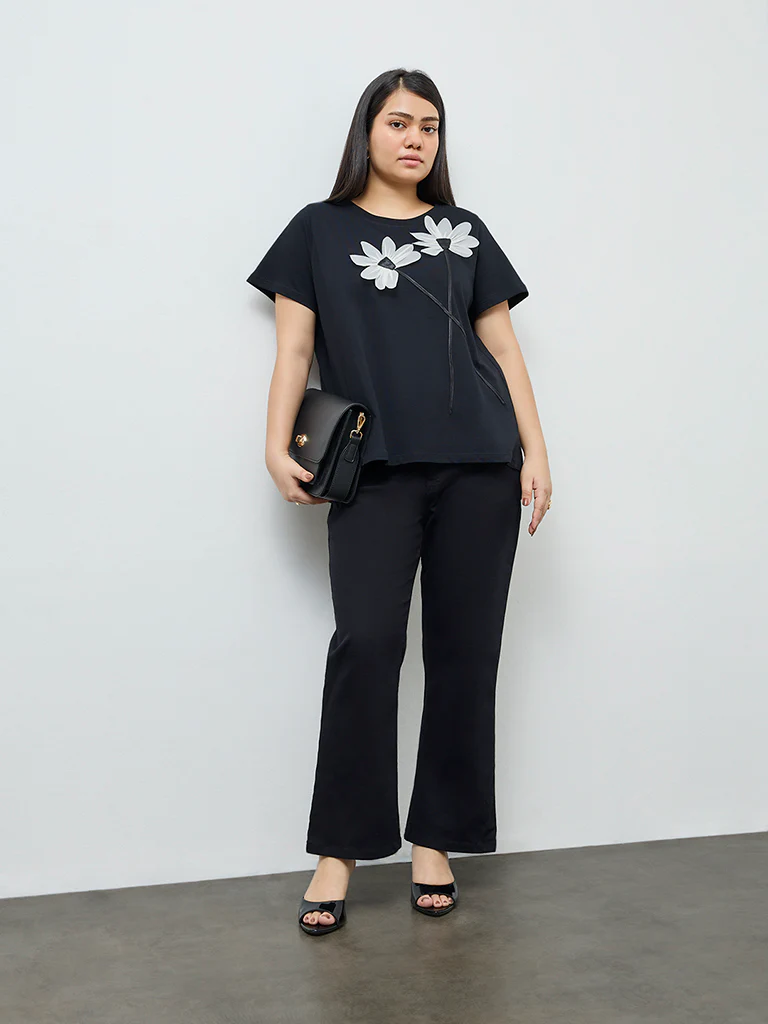 Gia Black Floral Embroidered Cotton T-Shirt - Image 2