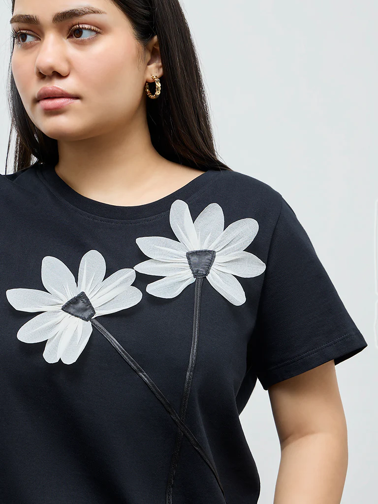 Gia Black Floral Embroidered Cotton T-Shirt - Image 3