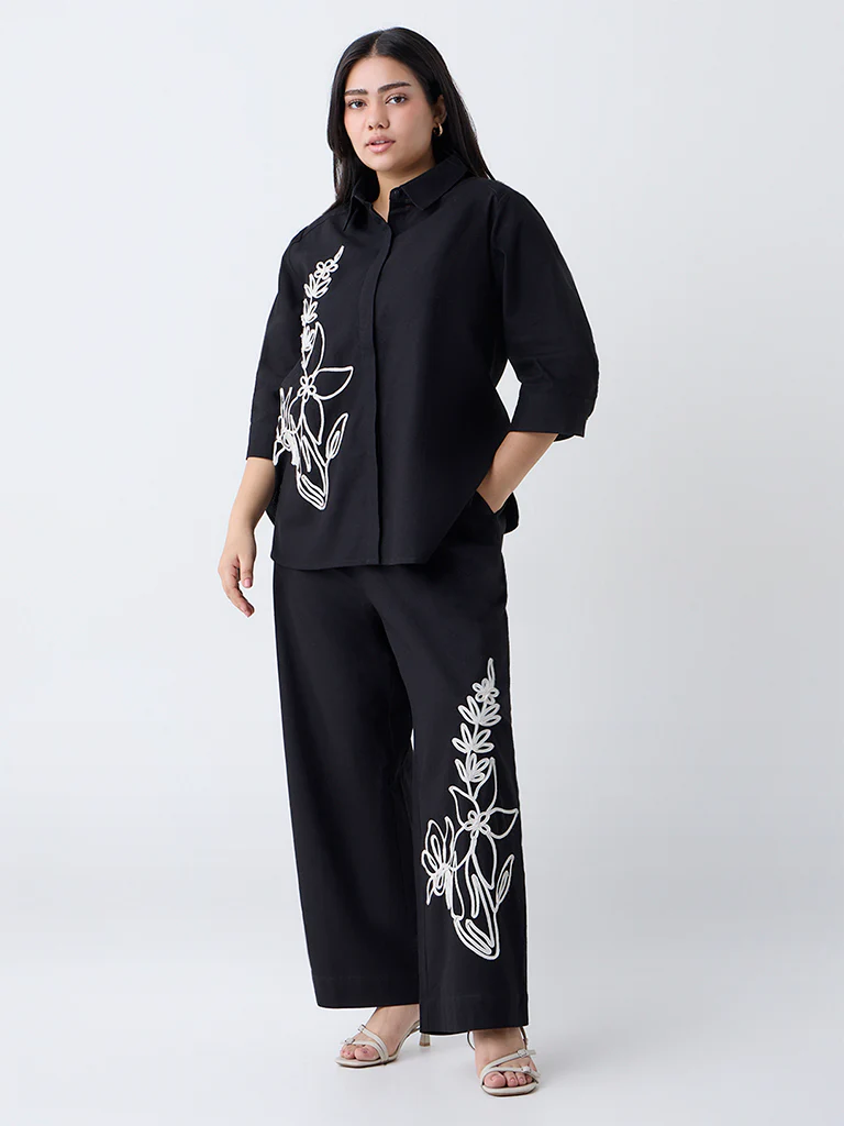 Gia Black Floral Embroidered Linen-Blend Shirt - Image 2