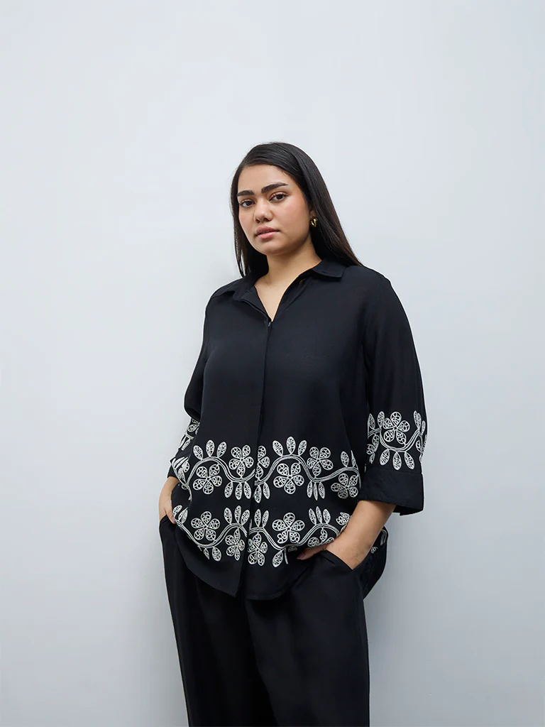 Gia Black Floral Embroidered Shirt