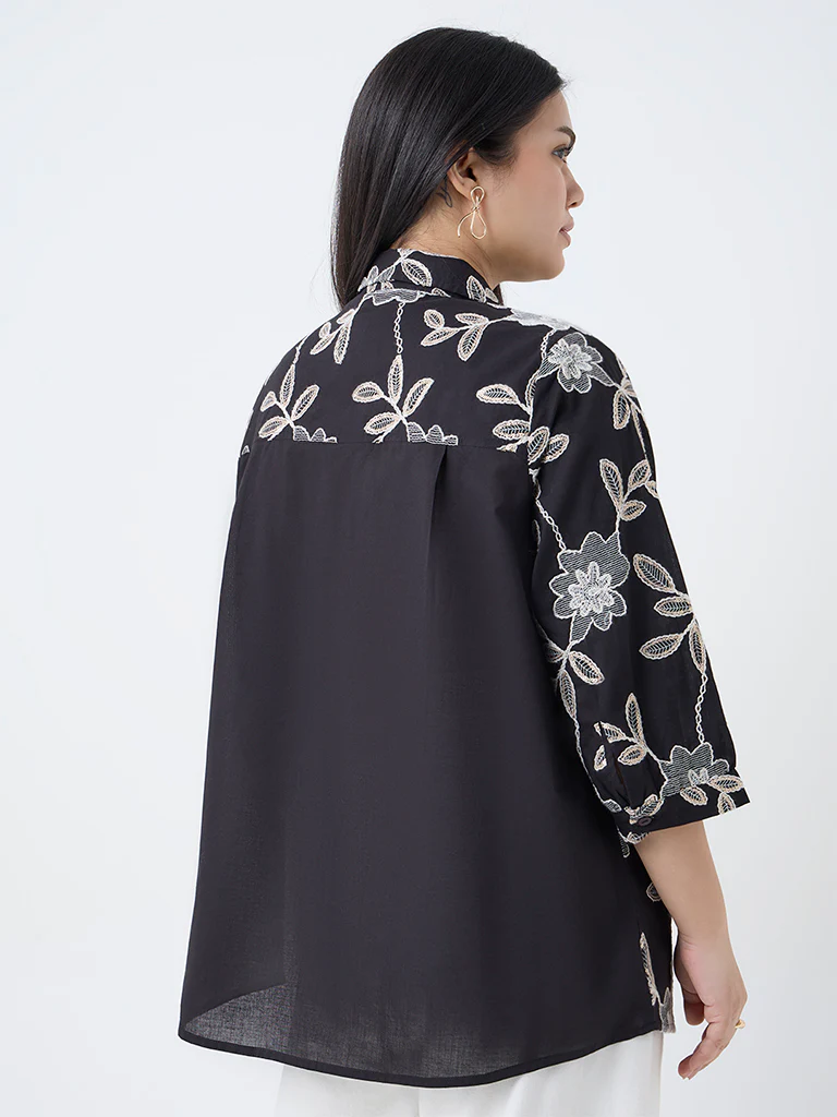 Gia Black Foliage Embroidered Cotton Blouse - Image 4