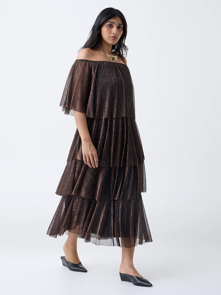Gia Black Metallic Ruffle A-Line Dress