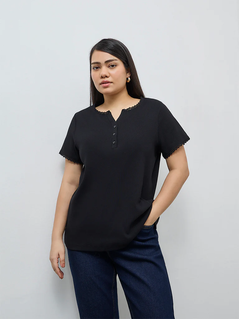Gia Black Ribbed-Textured Cotton-Blend T-Shirt