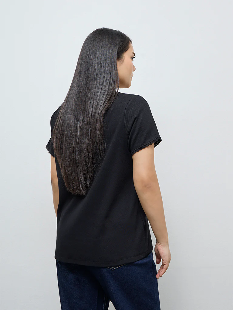 Gia Black Ribbed-Textured Cotton-Blend T-Shirt - Image 4