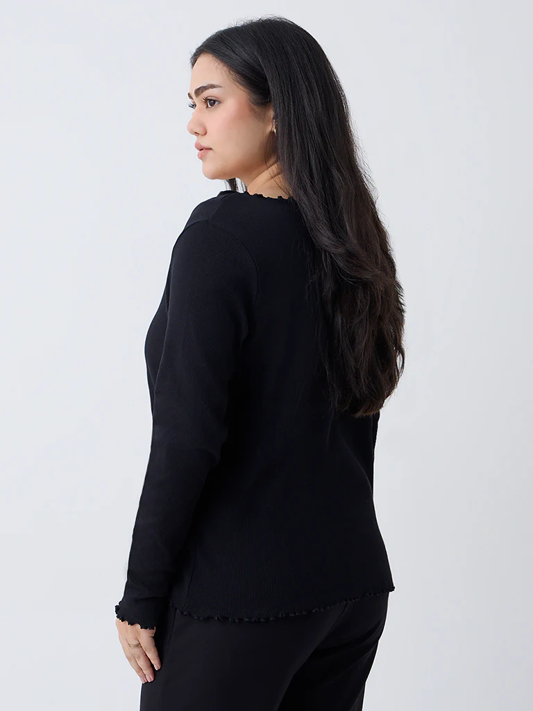 Gia Black Ribbed-Textured T-Shirt - Image 4