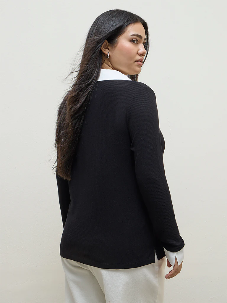 Gia Black Ribbed-Textured T-Shirt - Image 4