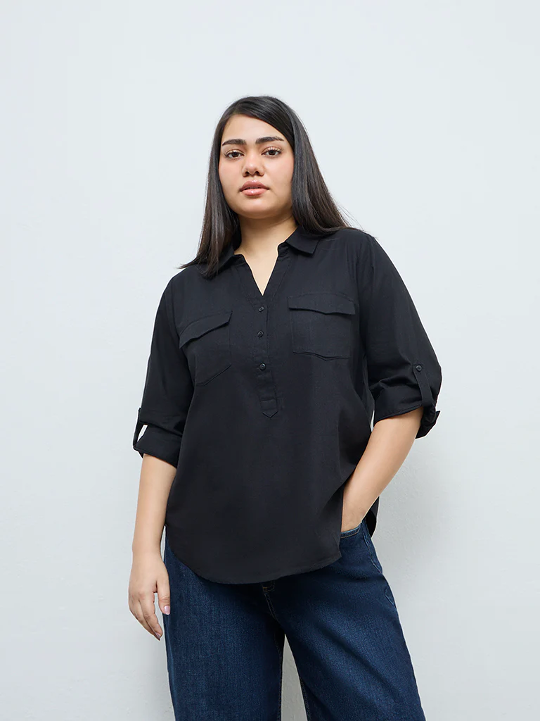 Gia Black Solid Cotton-Blend Blouse