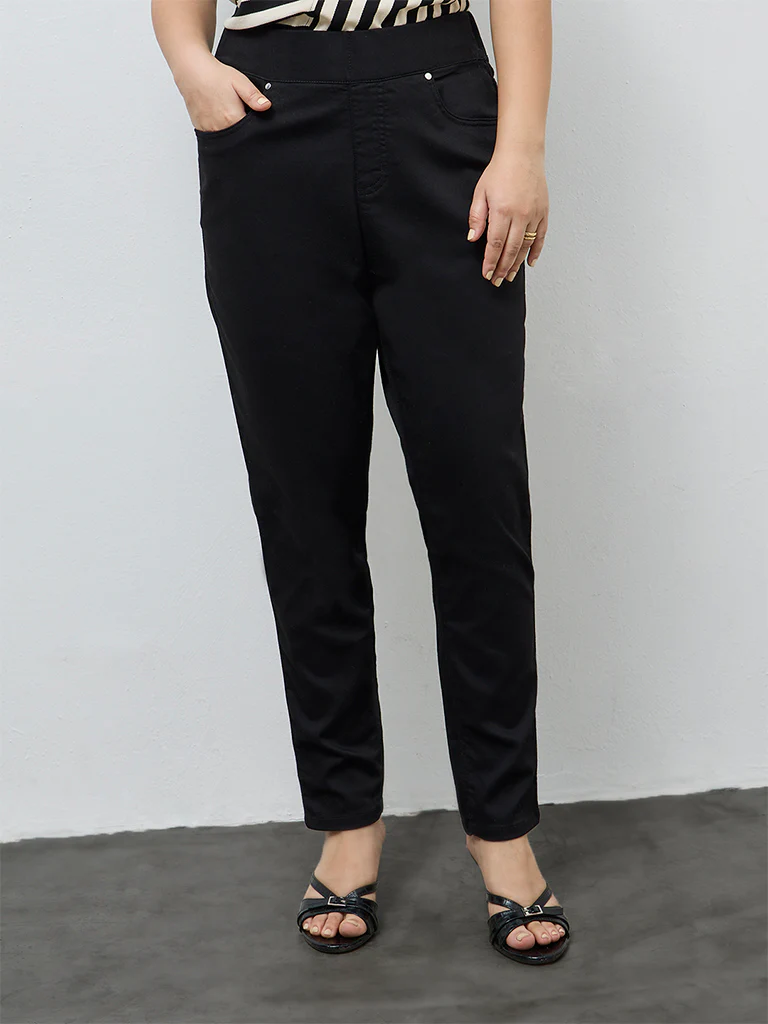 Gia Black Solid High-Rise Cotton-Blend Jeggings - Image 2