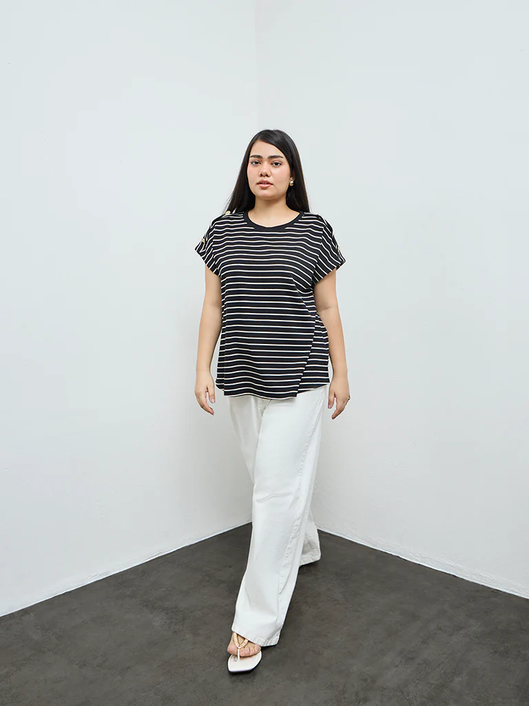 Gia Black Striped Cotton T-Shirt - Image 2