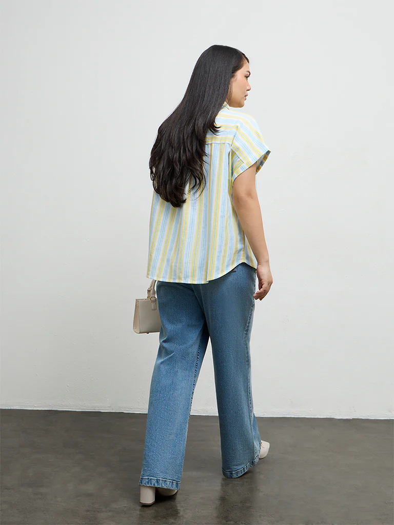 Gia Blue and Yellow Striped Cotton-Blend Shirt - Image 4