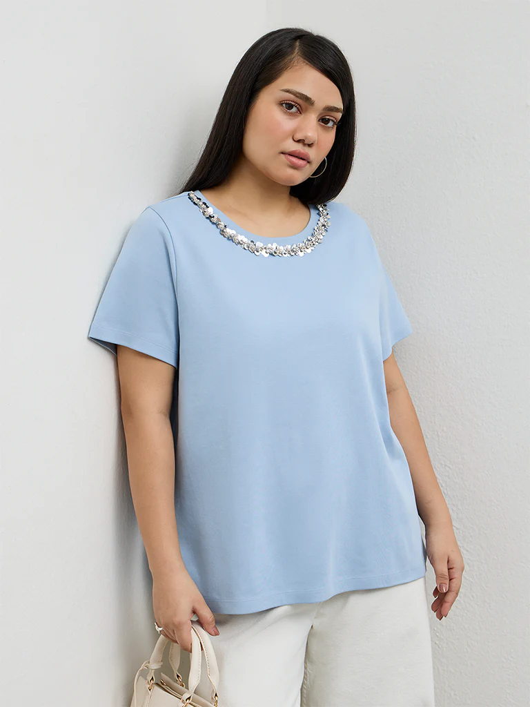 Gia Blue Embellished Cotton T-Shirt