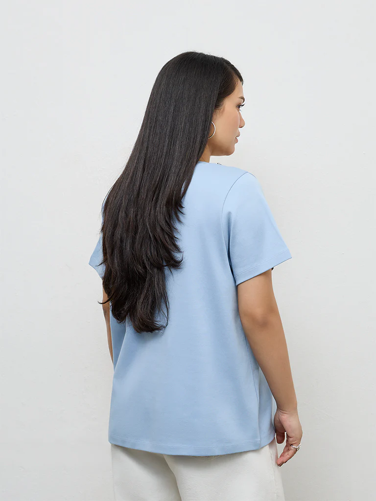 Gia Blue Embellished Cotton T-Shirt - Image 4