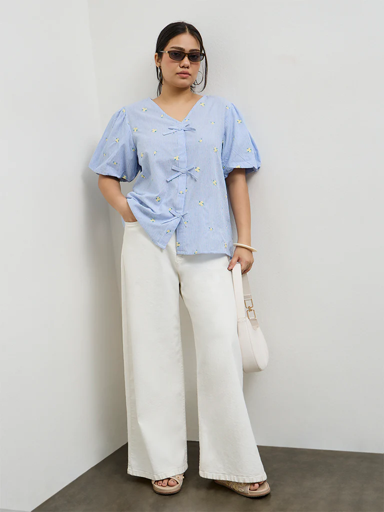 Gia Blue Floral Embroidered Cotton Blouse - Image 2
