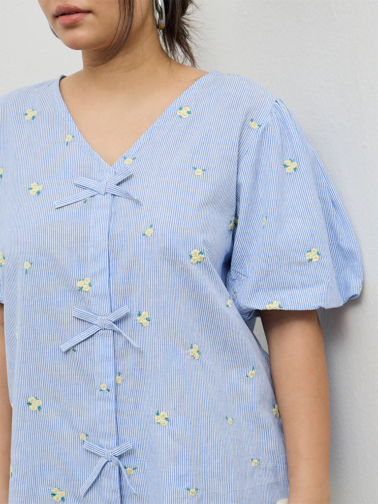 Gia Blue Floral Embroidered Cotton Blouse - Image 3