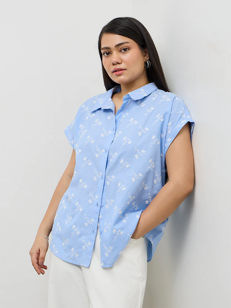 Gia Blue Floral Embroidered Cotton Shirt - Image 2