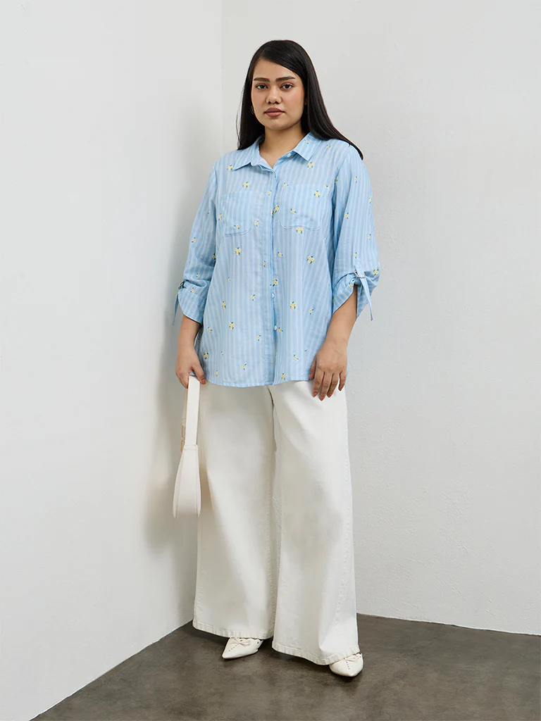 Gia Blue Floral Embroidered Cotton Shirt - Image 2