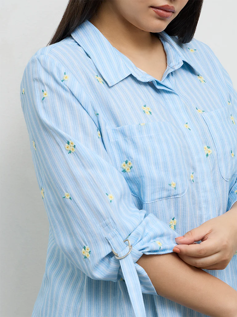 Gia Blue Floral Embroidered Cotton Shirt - Image 3